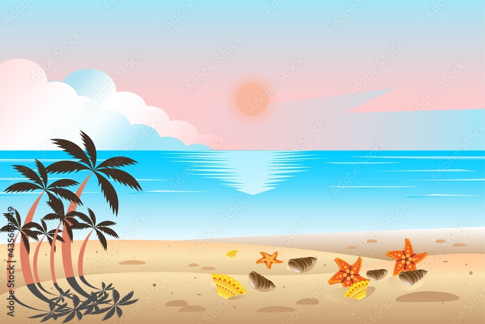 Sun, sparkling ocean and palms with starfish and seashells on the sandy beach,  vector illustration
