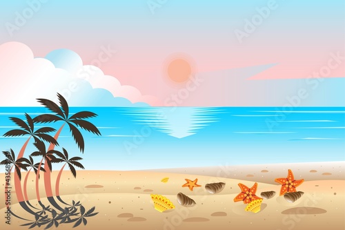 Fototapeta Naklejka Na Ścianę i Meble -  Sun, sparkling ocean and palms with starfish and seashells on the sandy beach,  vector illustration