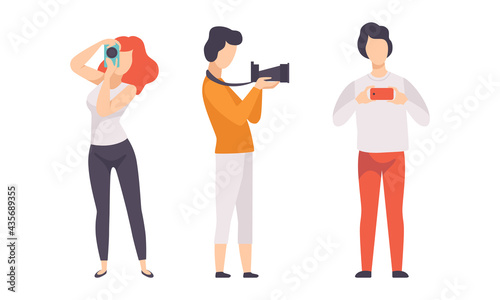 People Taking Photos with Cameras Set, Creative Hobby or Profession Set Flat Vector Illustration
