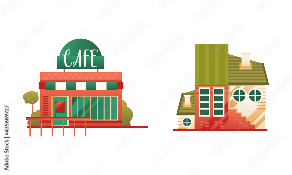 Fototapeta premium City or Suburban Buildings Set, Brick Cottage and Street Cafe Building Flat Vector Illustration