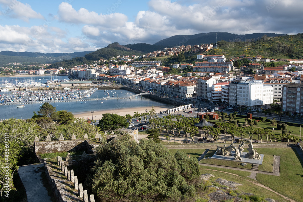Pinta caravel, port and yacht club from the fortress of Baiona