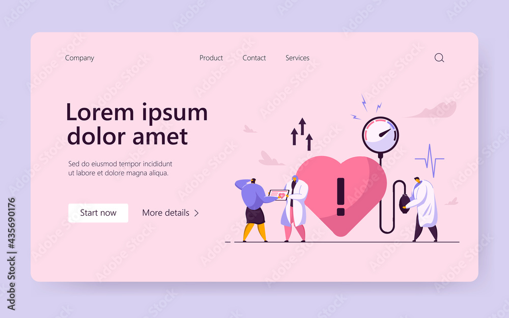 Tiny doctors treating heart disease. Medical checkup, high blood pressure, cardiology flat vector illustration. Medicine, diagnosis, examination concept for banner, website design or landing web page
