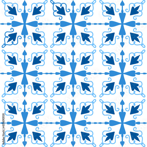 Ceramic tile pattern made in Mediterranean style inspired by Portuguese, Sicilian and Spanish tile traditional design. Vector seamless blue white background. © Ava Ava