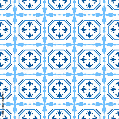Ceramic tile pattern made in Mediterranean style inspired by Portuguese, Sicilian and Spanish tile traditional design. Vector seamless blue white background.