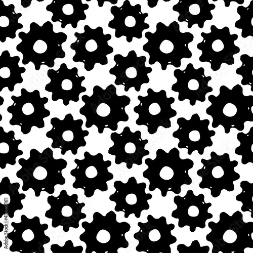 Black ink sketch of gears isolated on white background. Monochrome geometric seamless pattern. Vector simple flat graphic hand drawn illustration. Texture.