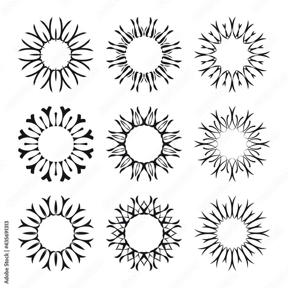 Decorative black sun symbols collection. Set of linear drawing sun rays isolated on white background. Vector design elements Decorative black sun symbols collection. Set of linear drawing sun rays isolated on white background. Vector design elements