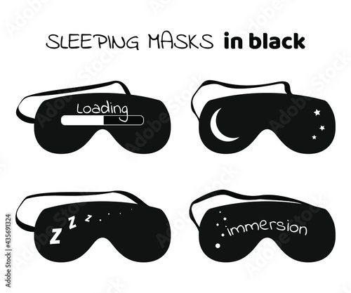 Sleeping masks set in black style with white print. Eye protection accessories for relax sleeping night or rest in traveling. Vector sleepwear isolated blindfolds icons.