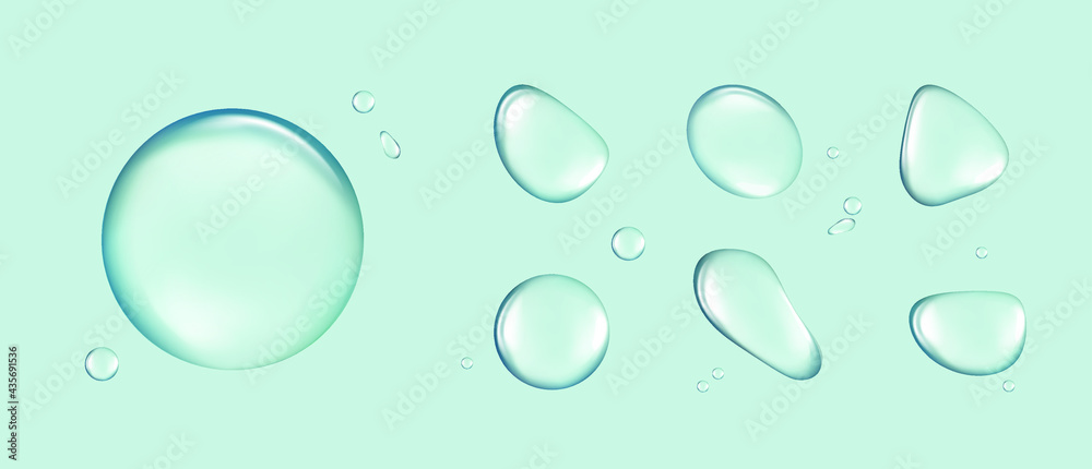 Set of transparent water drops of different shapes isolated on a blue background, vector illustration, liquid, 3d illustration