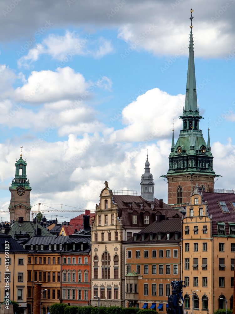 Old Town Stockholm skyline with church spire.