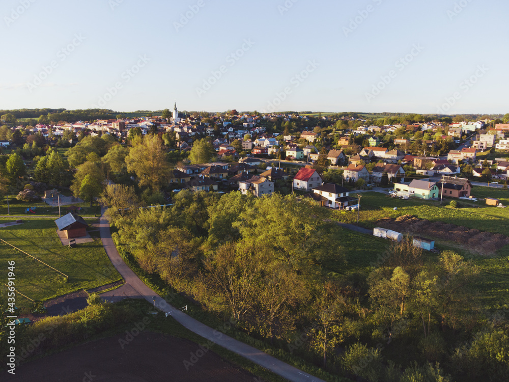 Aerial phototo of center of small city