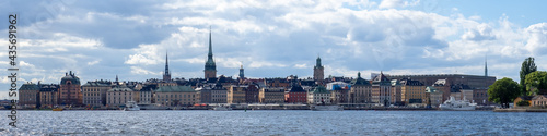 Stockholm skyline including royal palace from waterway.