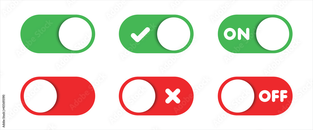 On and Off toggle switch buttons. Switch toggle buttons ON OFF. Material design switch buttons set. Vector illustration. On and Off toggle switch buttons. Switch toggle buttons ON OFF. Material design switch buttons set. Vector illustration.