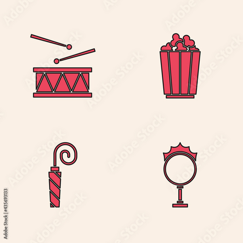Set Circus fire hoop, Drum with drum sticks, Popcorn in box and Birthday party horn icon. Vector