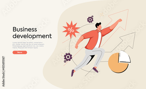 Businessman running on arrow through obstacles to his goal. Business developement, career success or growth.
