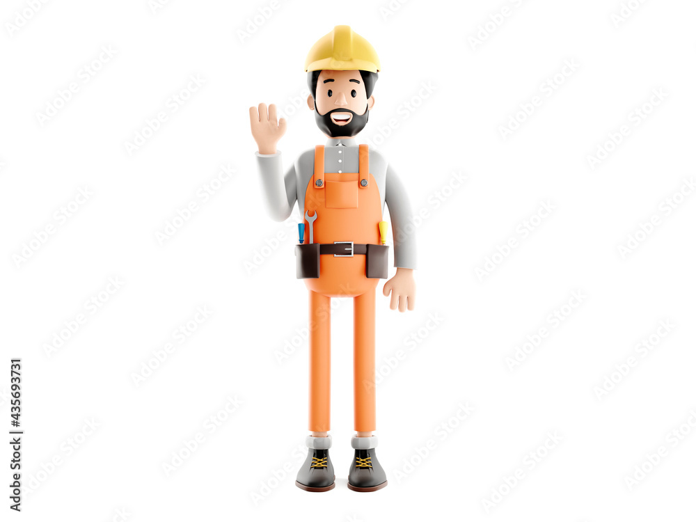 Fototapeta builder cartoon character, funny worker or engineer 3d illustration