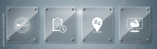 Set Bodybuilder muscle, Sleepy, Sport training program and No Smoking. Square glass panels. Vector