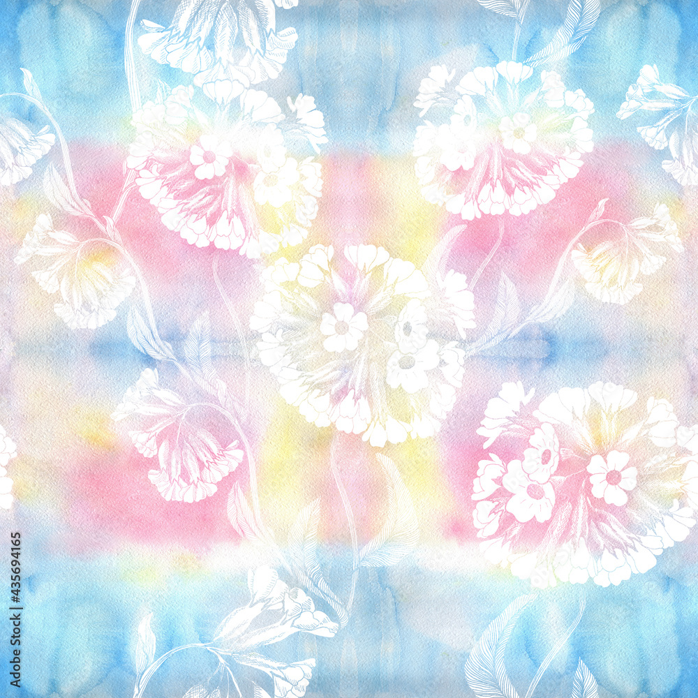 Flowers and leaves of primrose. Decorative composition on a watercolor background. Seamless pattern. Use printed materials, signs, items, websites, maps, posters, postcards, packaging.