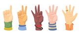 Set of different human hands counting on fingers. Cartoon vector illustration. Male and female multicultural hands showing various numbers, bending fingers. Counting, numbers, culture, gesture concept