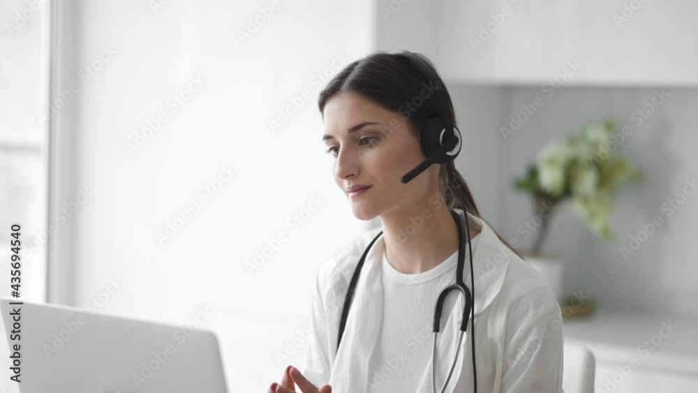 Doctor web woman medicine consultant help with laptop consultation with microphone Doctor web woman medicine consultant help with laptop consultation with microphone
