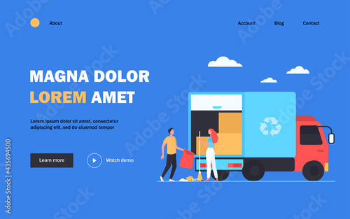 People loading garbage into truck. Trash pickup with recycling sign flat vector illustration. Garbage disposal, volunteering, trash collection concept for banner, website design or landing web page