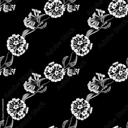 Flowers and leaves of primrose. Decorative composition on a dark background. Seamless pattern. Use printed materials, signs, items, websites, maps, posters, postcards, packaging.