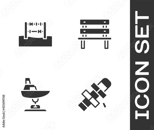 Set Hopscotch, Abacus, Swing boat and Bench icon. Vector