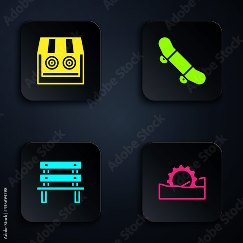 Set Ferris wheel, Shooting gallery, Bench and Skateboard trick. Black square button. Vector