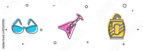 Set Glasses, Electric bass guitar and Soda can with straw icon. Vector