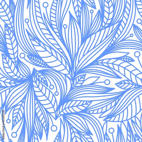WHITE SEAMLESS PATTERN WITH BLUE ORNAMENT IN VECTOR © elena