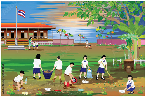 The students helped clean up the garbage in the school area vector design