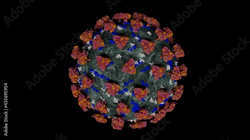 Coronavirus or covid-19 in microscopic view of floating influenza virus cells as dangerous flu strain cases as a pandemic medical health risk concept in black background. 3D rendering.