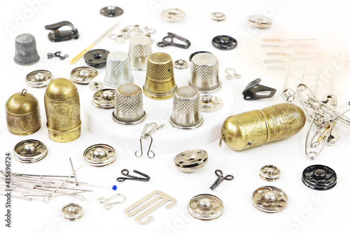 Various metal tools for hand sewing