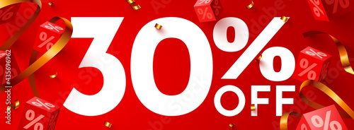 30 percent Off. Discount creative composition. 3d mega sale symbol with decorative objects. Sale banner and poster.