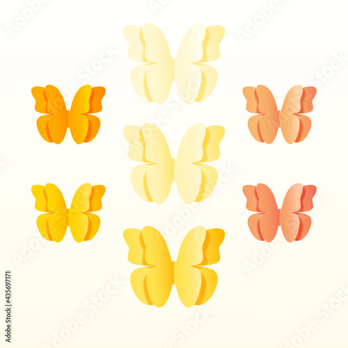 Papierowe żółte motyle unoszące się na jasnym tle. Wzór dla życzeń na Dzień Matki, Dzień Dziecka, tło dla broszur, voucher, social media stories.