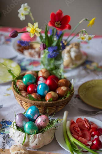 traditional Easter eggs and flowers