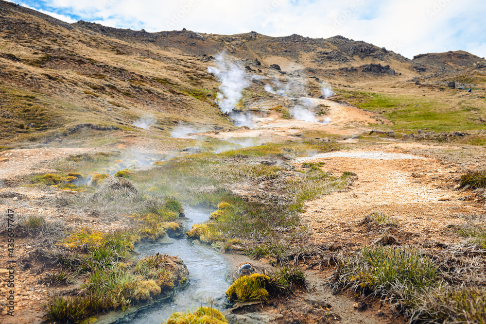 Steams in the valley of a hot river and geysers in Iceland Steams in the valley of a hot river and geysers in Iceland
