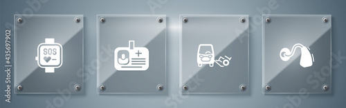 Set Hearing aid, Disabled car, Identification badge and Smart watch. Square glass panels. Vector