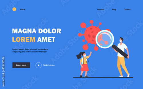 Doctor and little girl studying virus with magnifier. Coronavirus, mask, pandemic flat vector illustration. Medicine and examination concept for banner, website design or landing web page