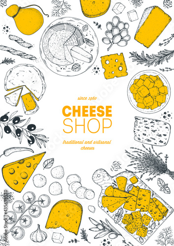 Cheese design template. Hand drawn sketch. Retro food background. Different cheese kinds banner. Dairy farm products cheese.