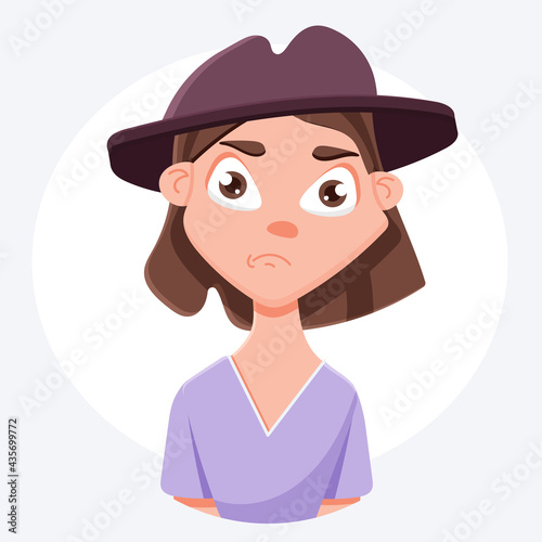 portrait of a girl with a displeased expression. Angry girl in a hat