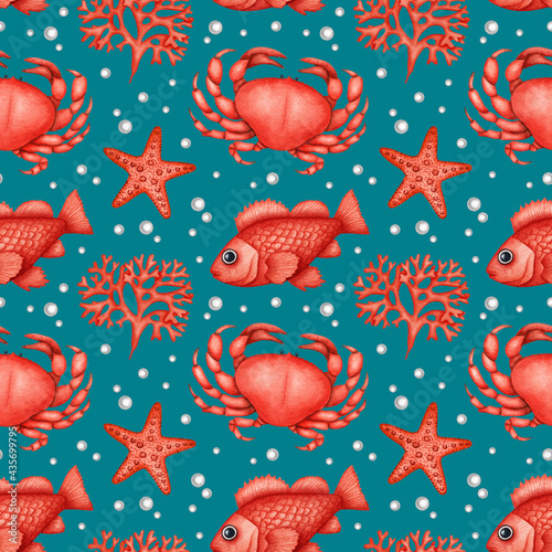 Sea life seamless pattern. Watercolor red Crab, Fish, Starfish and Seaweed. Ocean underwater wildlife animal. Summer Seafood. Hand drawn Marine background for print fabric, textile, menu, packaging