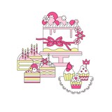 Cake, cupcakes, pastries, cake pieces. Celebration. Birthday. Vector illustration. Postcard.
