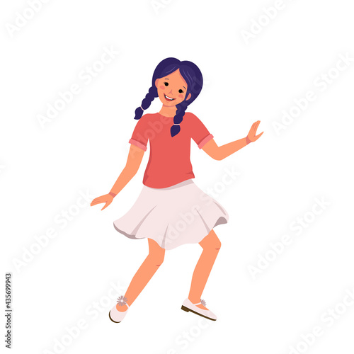 A girl with purple hair and braids in a blouse, skirt and shoes is dancing. Happy cute kid smiling. Teenager with a face in casual clothes. World international children day.