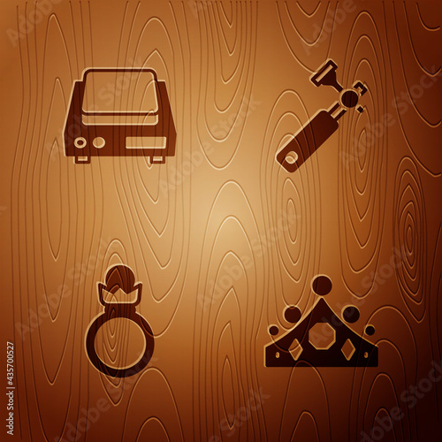 Set King crown, Electronic jewelry scales, Diamond engagement ring and Jewelers lupe on wooden background. Vector