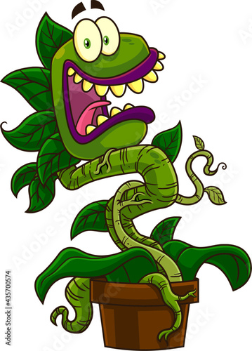 Scared Evil Carnivorous Plant Cartoon Character. Vector Hand Drawn Illustration Isolated On Transparent Background