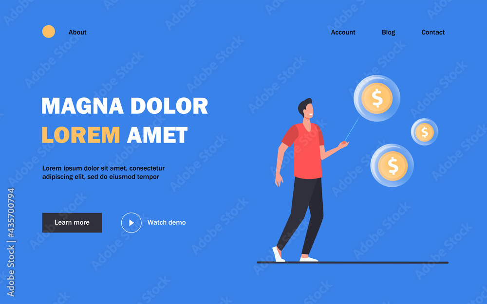 Happy man needling soap bubbles with money. Coin, dollar, needle flat vector illustration. Finance and bankruptcy concept for banner, website design or landing web page Happy man needling soap bubbles with money. Coin, dollar, needle flat vector illustration. Finance and bankruptcy concept for banner, website design or landing web page
