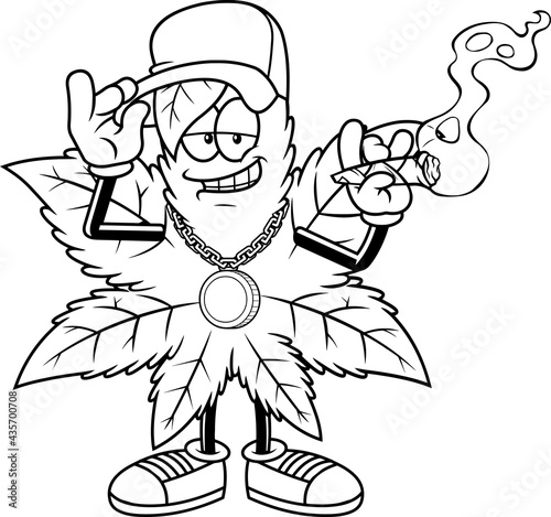 Outlined Gangsta Marijuana Leaf Cartoon Character Smoking A Joint. Vector Hand Drawn Illustration Isolated On Transparent Background