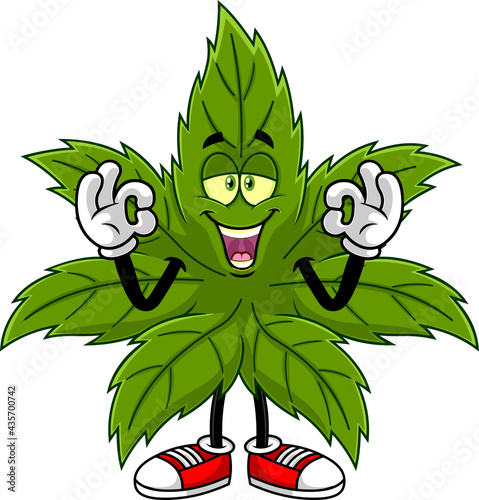 Happy Marijuana Leaf Cartoon Character Showing Ok Sign. Vector Hand Drawn Illustration Isolated On Transparent Background