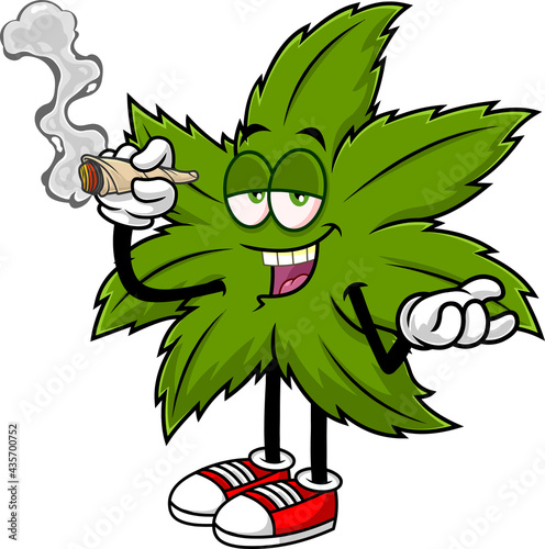 Funny Marijuana Leaf Cartoon Character Smoking A Joint. Vector Hand Drawn Illustration Isolated On Transparent Background