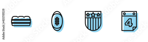 Set line Shield with stars, Sandwich, American Football ball and Calendar date July 4 icon. Vector